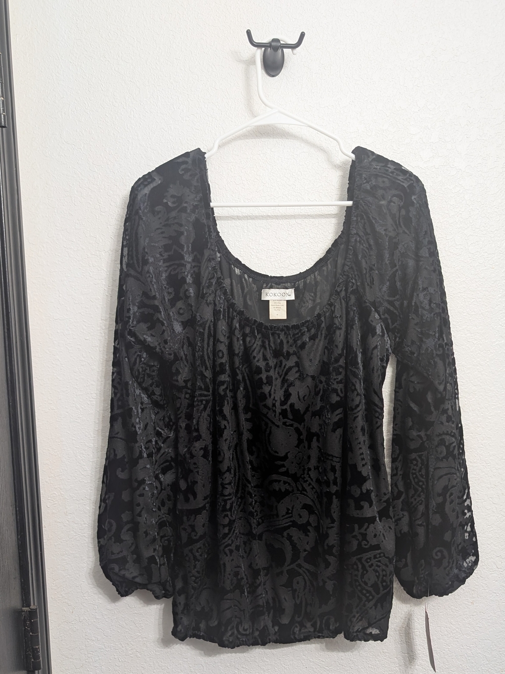 Black Velvet Burnout Long-Sleeve Scoop Neck Top Whimsigoth